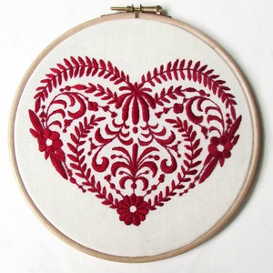 Red heart hand embroidery wall art, Scandinavian folk framed embroidered wall hanging, red home decor gift for new home, Handmade in the UK image 6