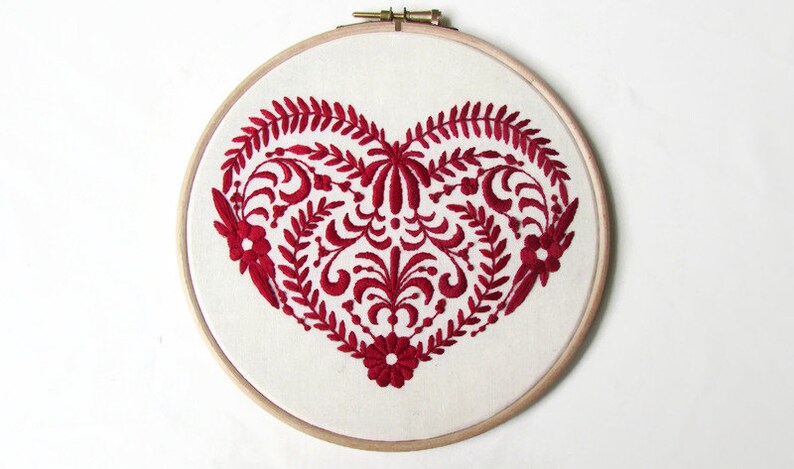 Red heart hand embroidery wall art, Scandinavian folk framed embroidered wall hanging, red home decor gift for new home, Handmade in the UK image 6