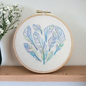 Pastel feather hand embroidery hoop art modern feather wall hanging for nursery or wall art gift for friend handmade in the UK image 1