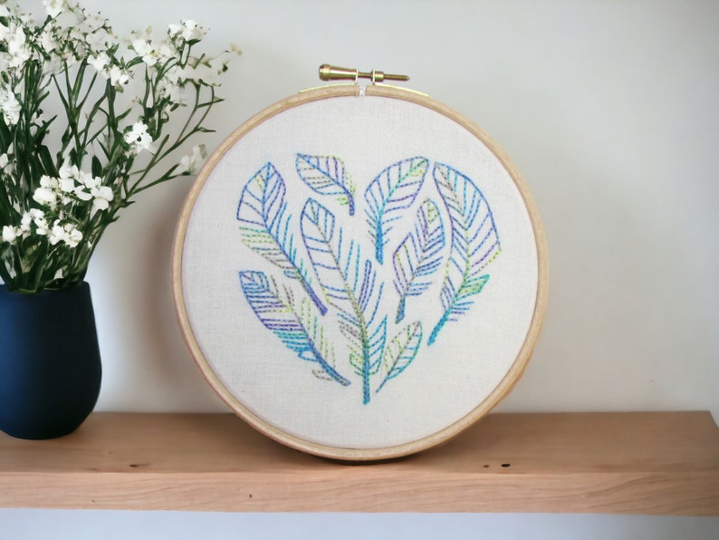 Pastel feather hand embroidery hoop art modern feather wall hanging for nursery or wall art gift for friend handmade in the UK image 1