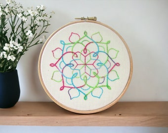 Embroidered mandala wall art, hand embroidery wall hanging, geometric artwork, mandala art gift, handmade in the uk