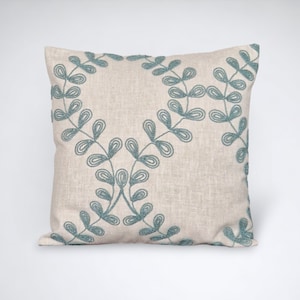 Embroidered teal cushion cover, textured throw pillow, designer scatter cushion, home decor gift for new home, handmade in the uk