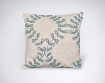 Embroidered teal cushion cover, textured throw pillow, designer scatter cushion, home decor gift for new home, handmade in the uk