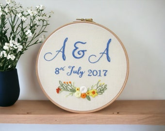 Wedding date keepsake gift for couple, personalized anniversary date gift, hand embroidered keepsake wedding present, handmade in the UK