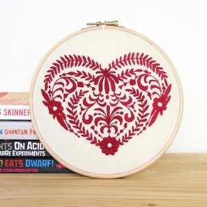 Red heart hand embroidery wall art, Scandinavian folk framed embroidered wall hanging, red home decor gift for new home, Handmade in the UK image 4