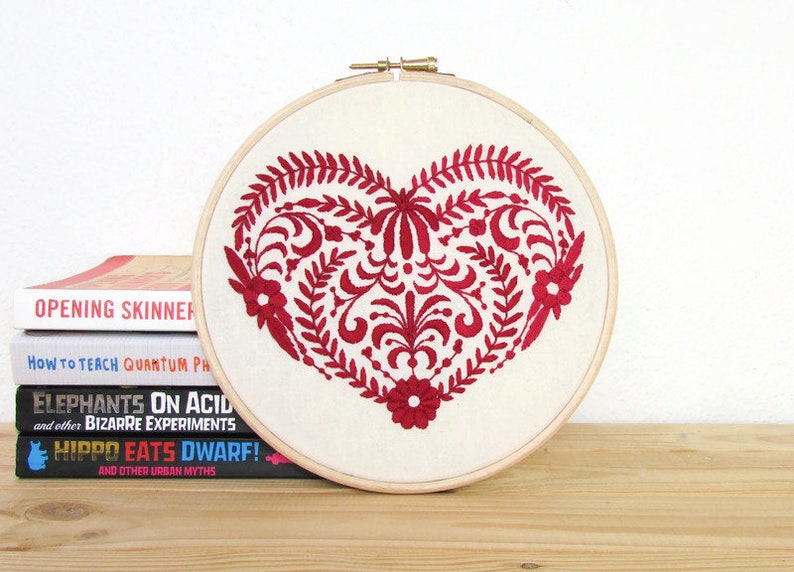 Red heart hand embroidery wall art, Scandinavian folk framed embroidered wall hanging, red home decor gift for new home, Handmade in the UK image 4