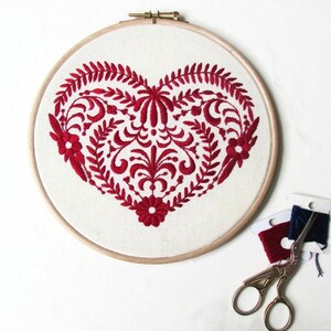 Red heart hand embroidery wall art, Scandinavian folk framed embroidered wall hanging, red home decor gift for new home, Handmade in the UK image 5