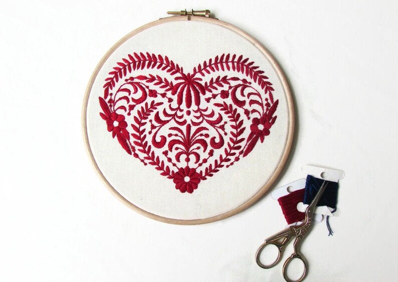 Red heart hand embroidery wall art, Scandinavian folk framed embroidered wall hanging, red home decor gift for new home, Handmade in the UK image 5