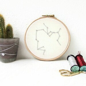 May include: A white embroidery hoop with a silver thread design of the Sagittarius constellation. Two spools of embroidery floss, one red and one silver, are next to the hoop along with a pair of gold scissors.