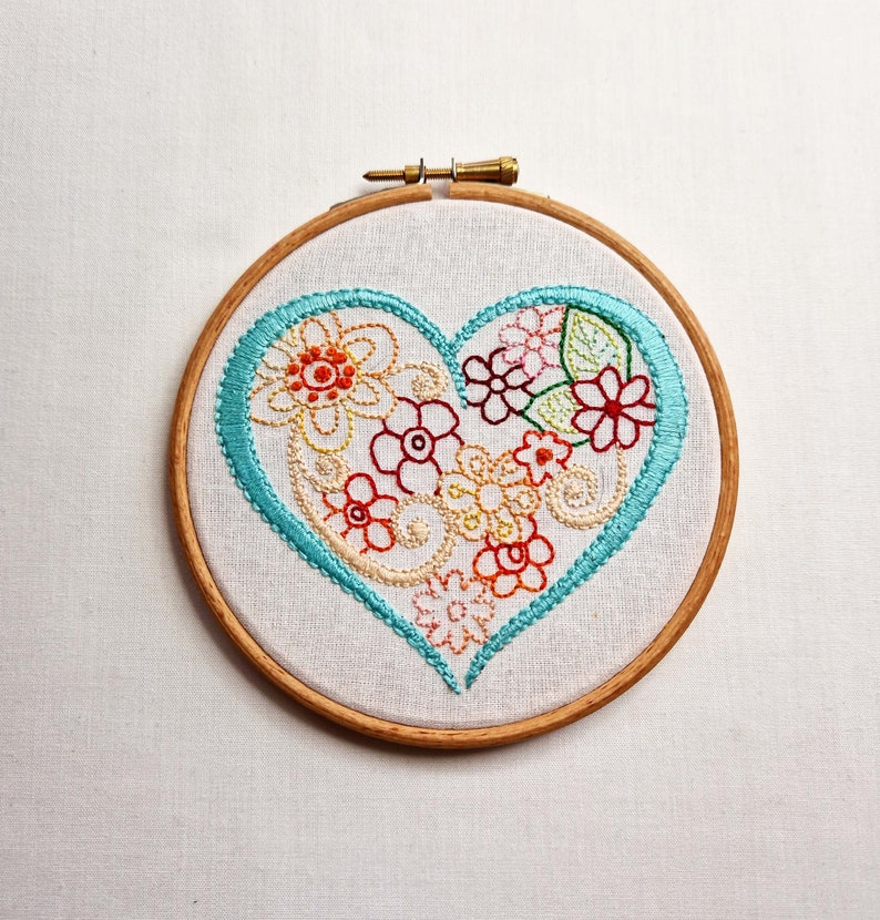 Heart of flowers wall hanging hand embroidery wall art modern embroidery gift for new home owner handmade in the UK image 2