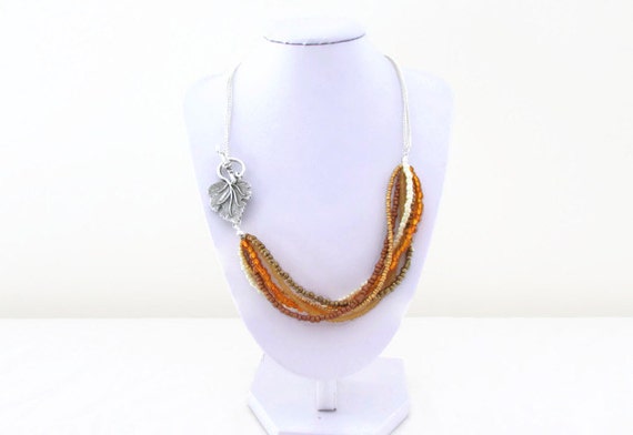 Orange beaded necklace - unusual autumn jewellery gift for her, statement t-bar necklace, handmade in the UK
