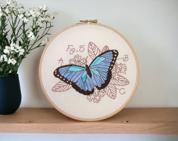 Butterfly nature themed embroidery hoop, nature inspired wall art, hand embroidery fibre wall decor, nature gift for home handmade in the UK