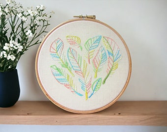 Feather embroidered wall hanging, pastel hand embroidery wall art, pastel home decor gift for home, handmade in the UK