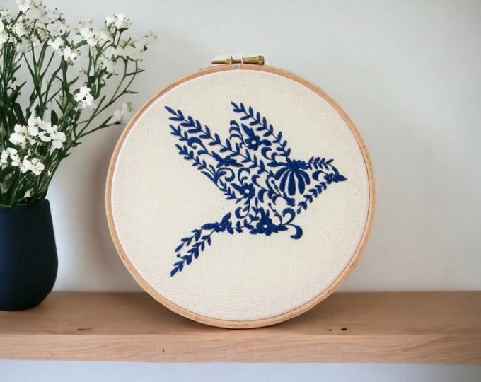 Blue bird nature themed embroidery hoop, framed hand embroidered wall hanging, natured inspired wall art, handmade in the UK