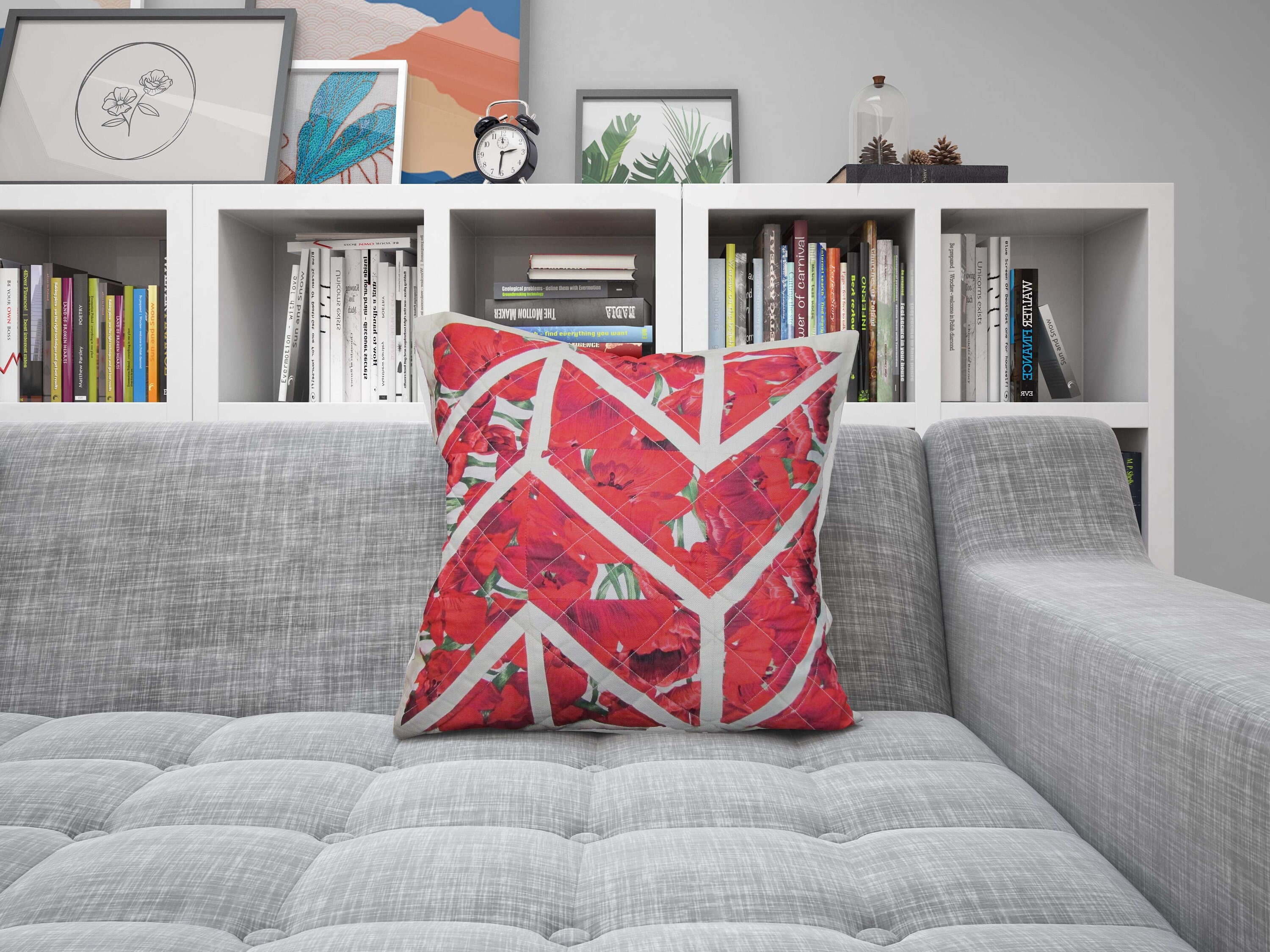 Housse de Coussin Matelassée à Fleurs Rouges - Housse d'oreiller en Patchwork Décoration Intérieure 