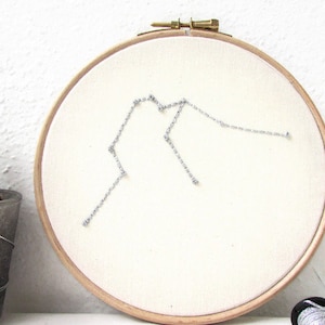May include: A white embroidery hoop with a silver thread design of the Aquarius constellation. The hoop is hanging on a white wall.