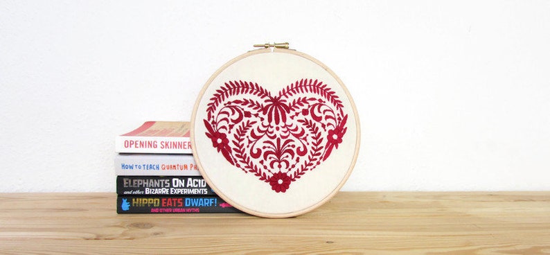 Red heart hand embroidery wall art, Scandinavian folk framed embroidered wall hanging, red home decor gift for new home, Handmade in the UK image 3