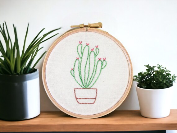 Embroidered Cactus Wall Art - hand embroidery plant wall hanging - handmade in the UK