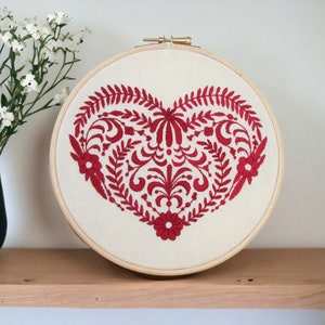 Red heart hand embroidery wall art, Scandinavian folk framed embroidered wall hanging, red home decor gift for new home, Handmade in the UK image 1