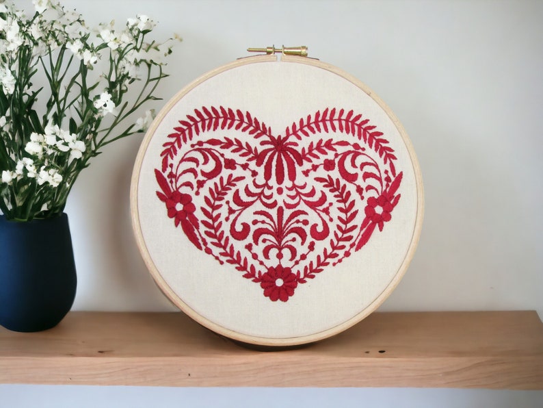 Red heart hand embroidery wall art, Scandinavian folk framed embroidered wall hanging, red home decor gift for new home, Handmade in the UK image 1