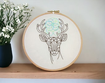 Deer head wall art, hand embroidered wall hanging, western american home decor, framed embroidery, handmade in the UK