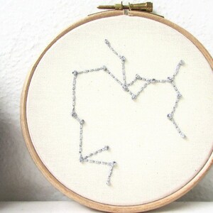 May include: A white embroidery hoop with a silver thread design of the Sagittarius constellation. The hoop is on a white surface with a potted cactus and spools of thread in the background.