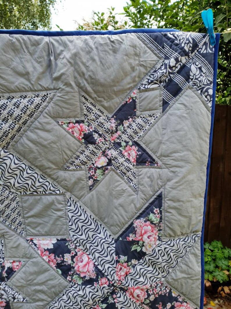 Blue and grey floral patchwork quilt double bed quilt large Etsy