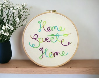 Home sweet home wall hanging, framed hand embroidery wall art, housewarming new home gift,  handmade in the UK