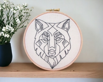 Wolf head embroidered wall hanging - framed hand embroidery hoop art - gift for animal lover - handmade in the UK