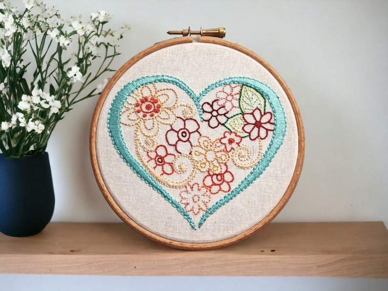 Heart of flowers wall hanging hand embroidery wall art modern embroidery gift for new home owner handmade in the UK image 1