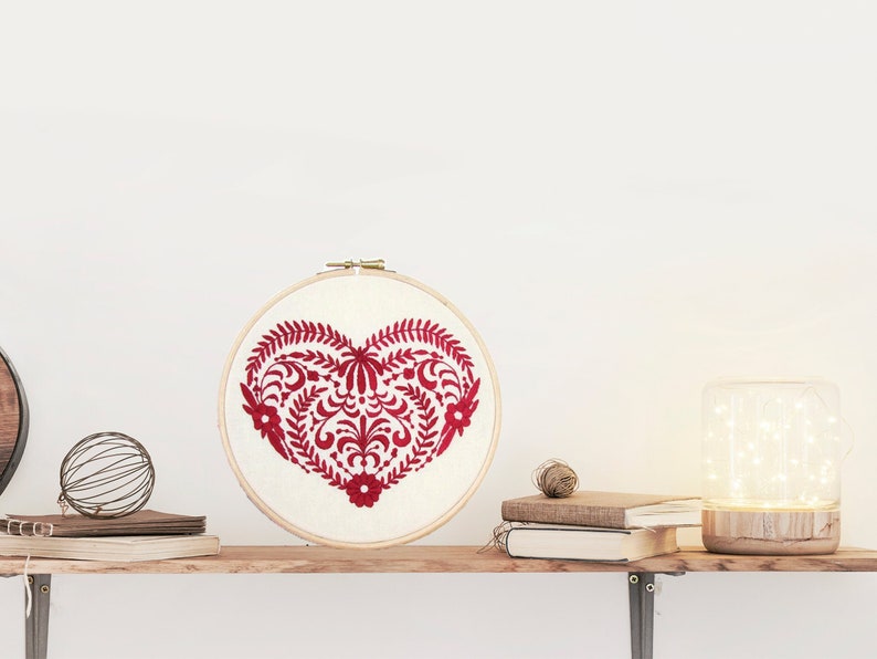 Red heart hand embroidery wall art, Scandinavian folk framed embroidered wall hanging, red home decor gift for new home, Handmade in the UK image 2