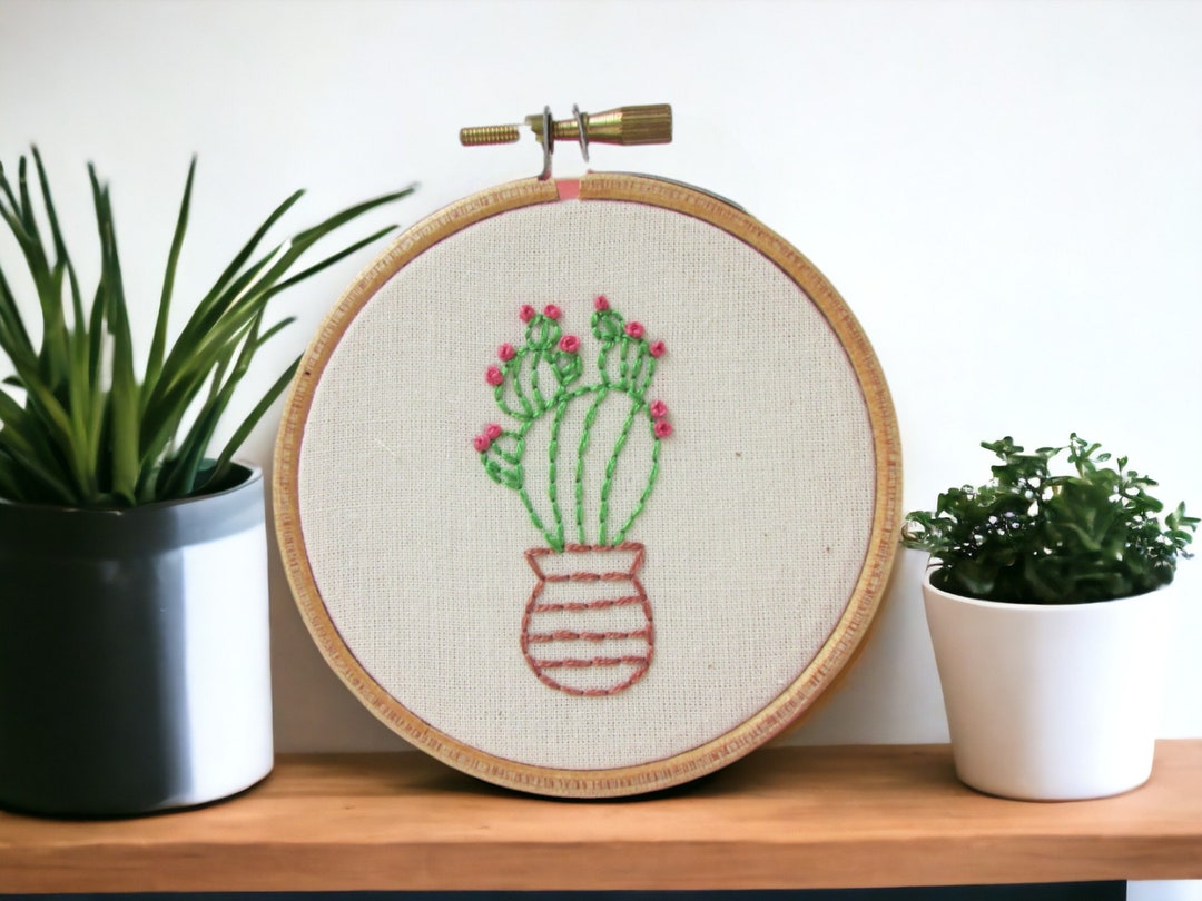 Cactus Plant Wall Hanging - Small Framed Hand Embroidery Hoop Art ...