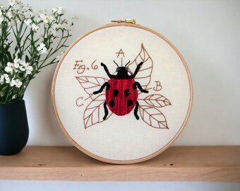 Ladybird handmade wall hanging, embroidered insect wall art, natured inspired wall art, entomology gift for scientist, handmade in the UK