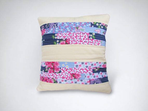 Modern quilted pillow cover, blue and pink cushion cover, girls nursery cushion, patchwork cushion, 16 inch cushion, handmade in the UK