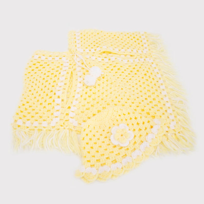 Girls Two-Colored Handmade Crochet Poncho With Matching Hat Set