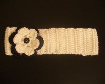 Women White Crochet Headband With Matching Black & White Flower - Style 1