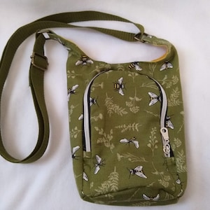 Water bottle sling bag with wallet pocket--Bees on olive colored fabric