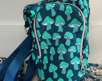Water bottle sling bag -navy with teal mushrooms