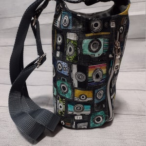 Water bottle sling bag with wallet pocket--watercolor cameras