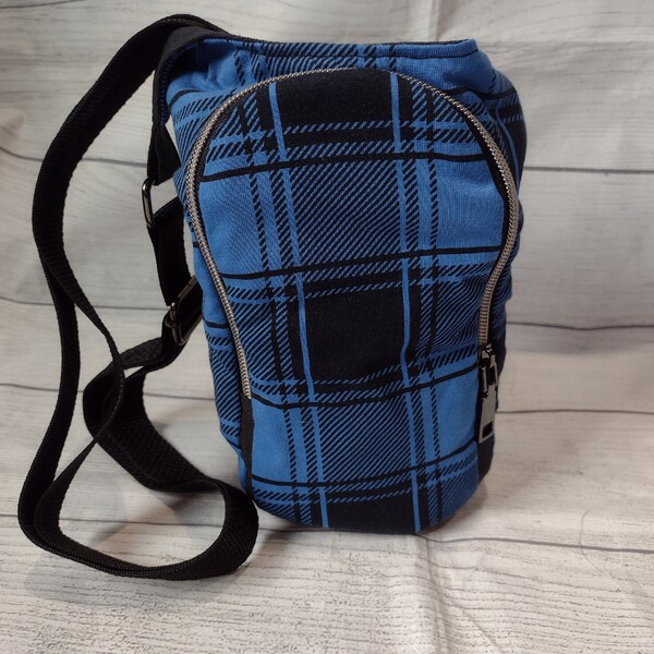 Water bottle sling bag with wallet pocket--black plaid on color 2