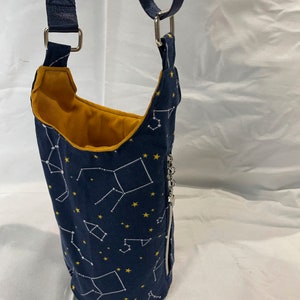 Water bottle sling bag with wallet pocket--night sky constellations