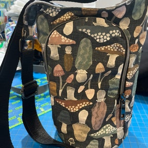 Water bottle sling bag with wallet pocket--watercolor mushrooms