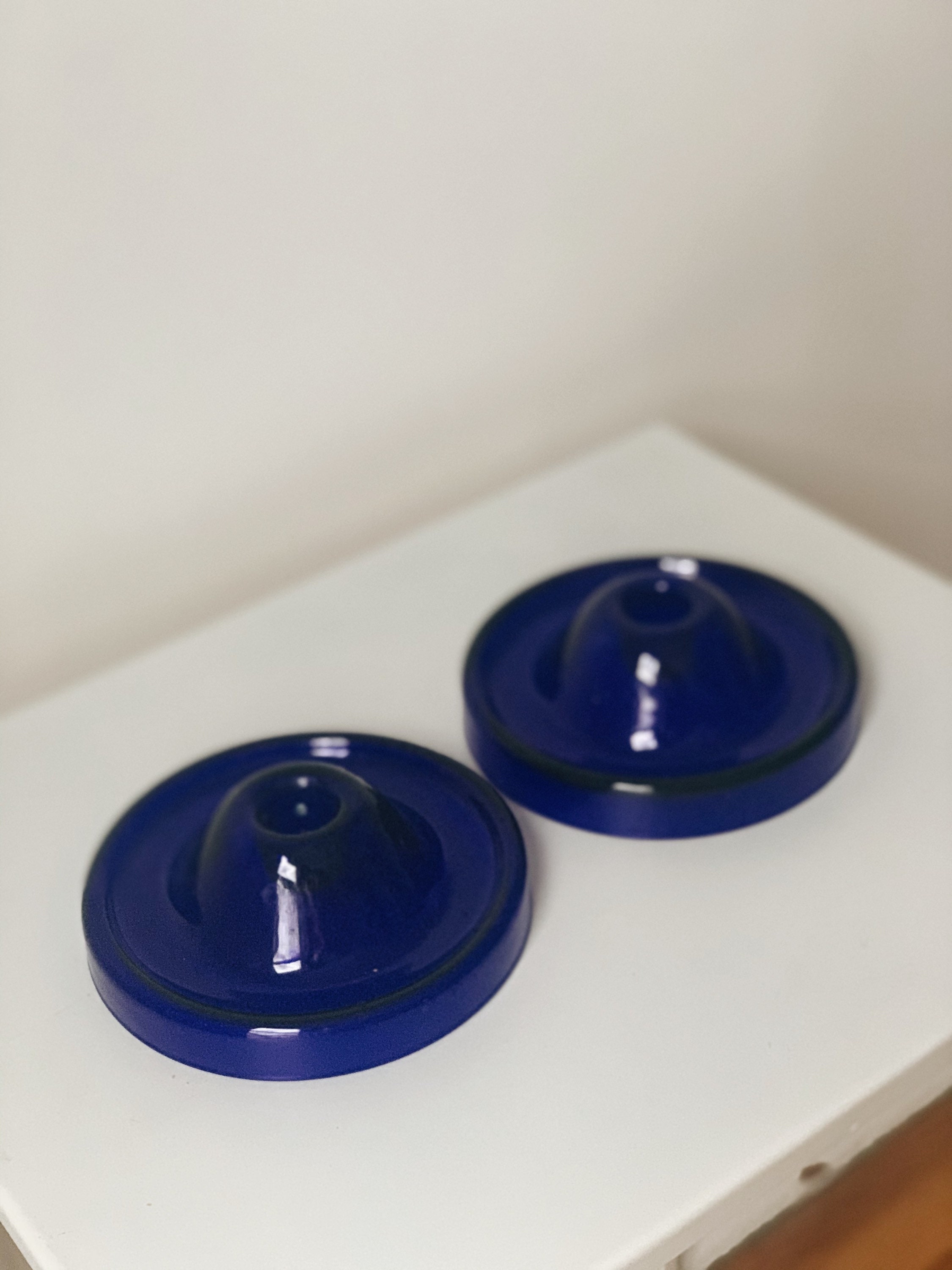 Vintage Cobalt Blue Glass Candle Holder Set