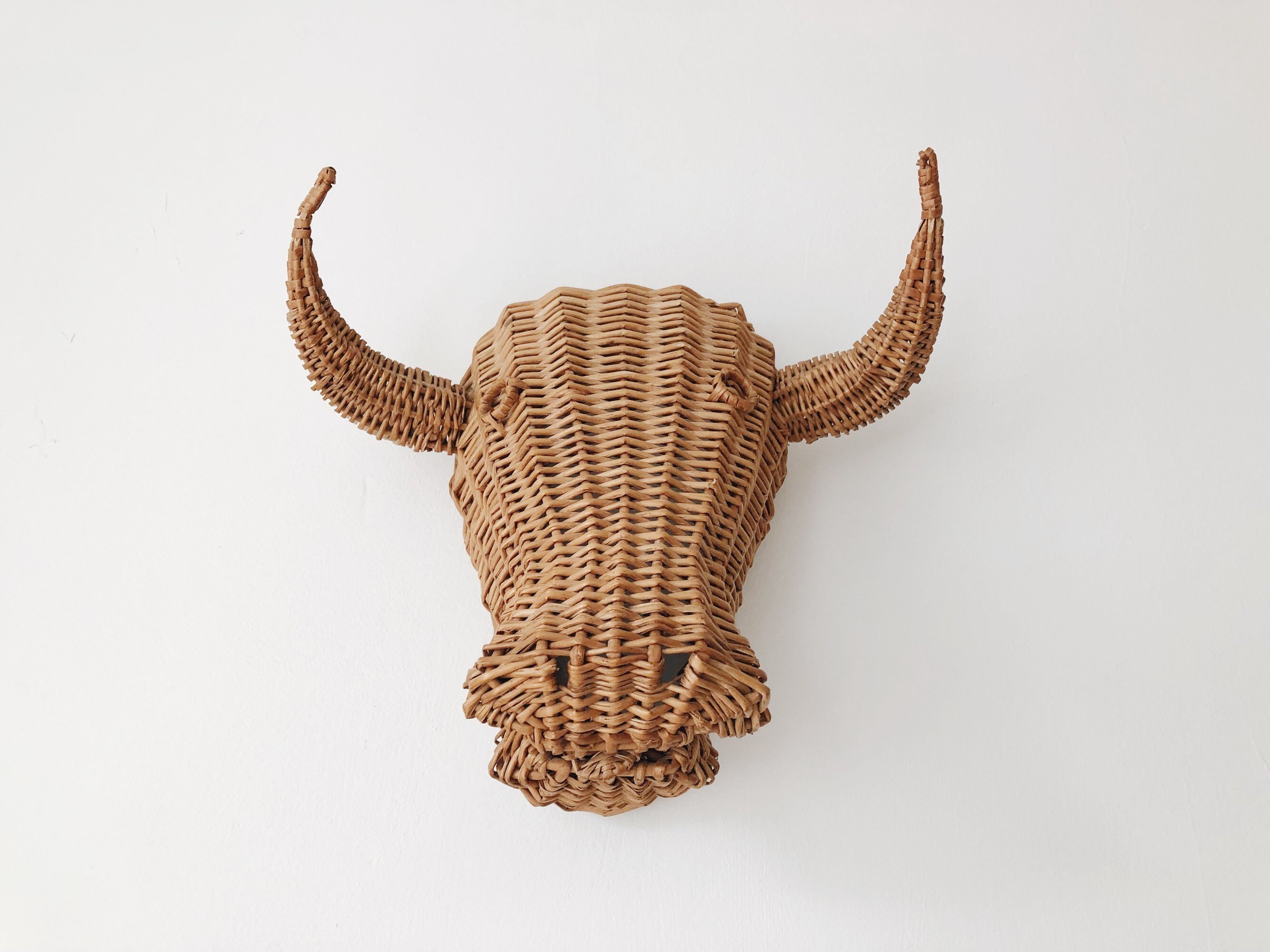Vintage wicker wall mount bull head