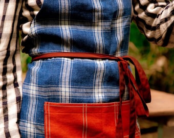 WAS blue / red plaid linen apron