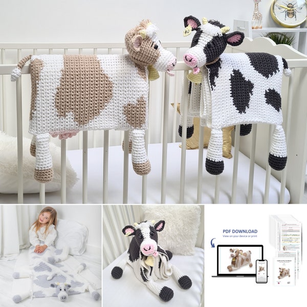 Cow Baby Afghan CROCHET PATTERN, Cuddle and Play Cow Blanket Toy Crochet Pattern, Crochet Baby Blanket Pattern, Crochet Cow Afghan Pattern