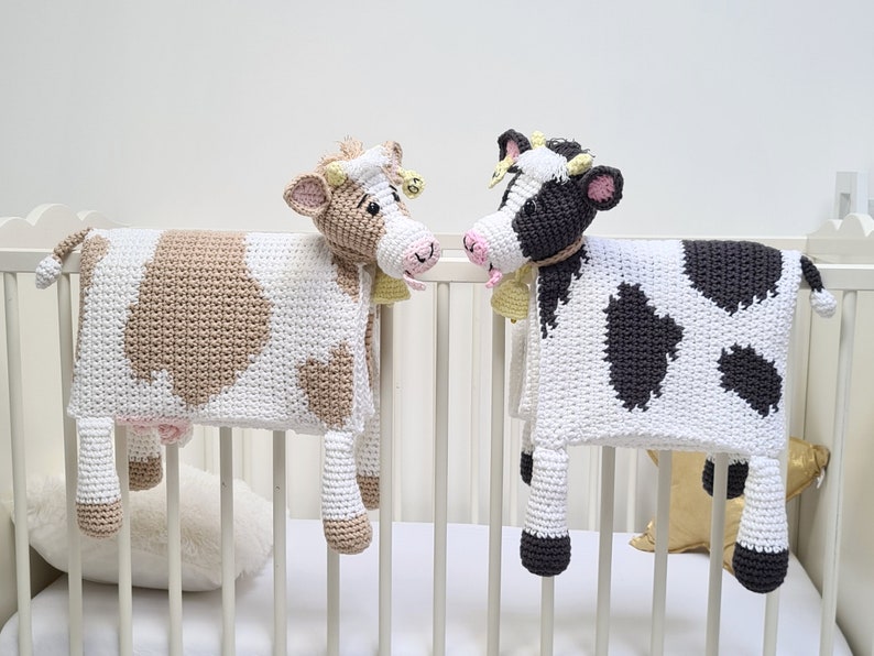 Crochet cow baby blanket that folds into crochet toy cow. PDF crochet pattern to make a cow blanket as baby shower gift. Crochet pattern to make a blanket for babies, children, teens and adults.