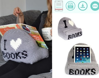 I love books tablet book holder crochet pattern, Crochet gift, crochet tablet pillow pattern, crochet book holder pillow, crochet book stand