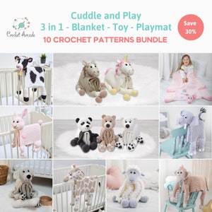 Puede incluir: Una colección de 10 patrones de crochet para hacer mantas, juguetes y alfombras de juego 3 en 1 para bebés. Los patrones incluyen una variedad de diseños de animales, como una vaca, un unicornio, un panda, un oso, un elefante, una jirafa, una oveja y un mono. Los patrones están disponibles en paquete y incluyen un descuento del 30%.