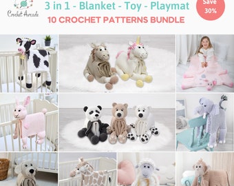 Animal Crochet Blanket Pattern Bundle, Cuddle & Play Toy (PDF)